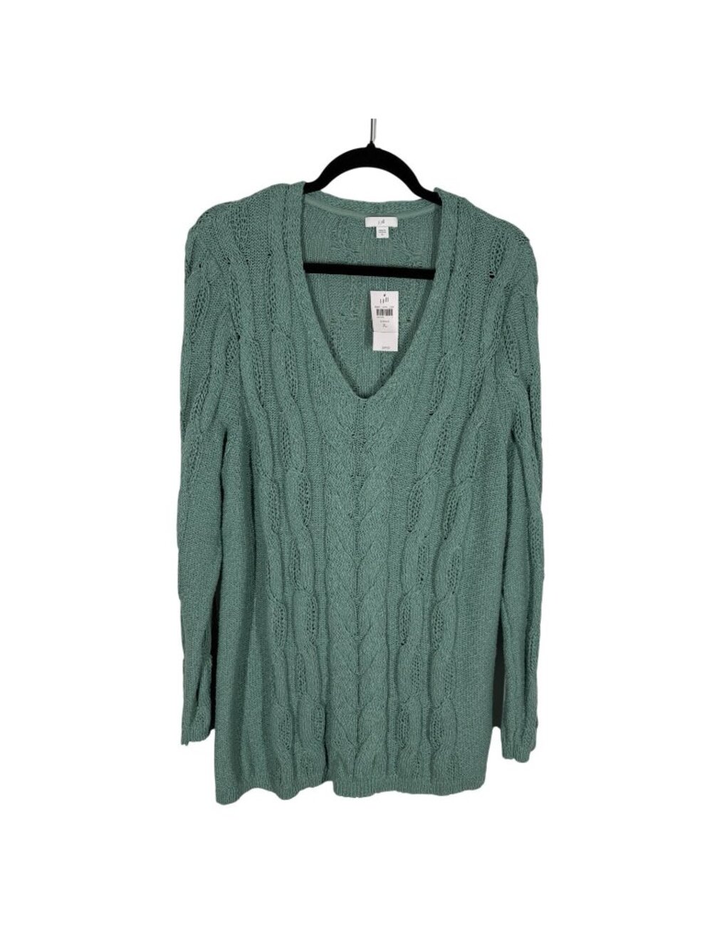 J.Jill Women XL Sprout Green Cable Knit V-Neck Pullover Tunic Sweater NWT